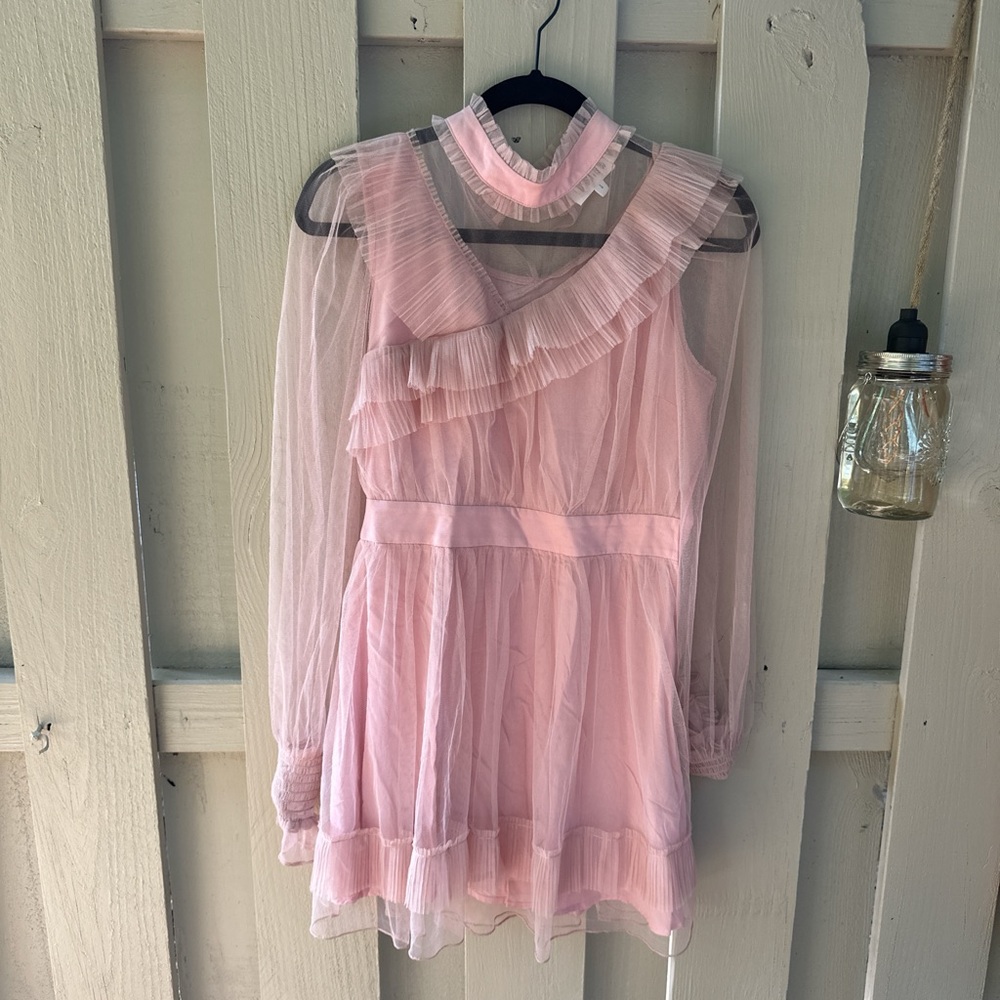 Boutique Pink ruffle dress with a sheer mesh overlay 🫶🏻✨